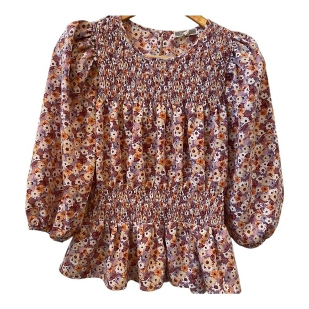 Pleione Top Blouse XS Floral Smocked Peplum Shirt Puff Sleeves Cottagecore